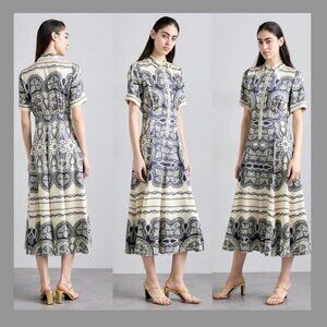 Sandro Patterned Paisley Scarf Print Marine Midi Dress (Size FR 42 / US 10)